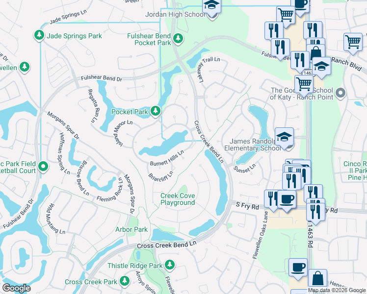 map of restaurants, bars, coffee shops, grocery stores, and more near 27814 Burnett Hills Lane in Katy