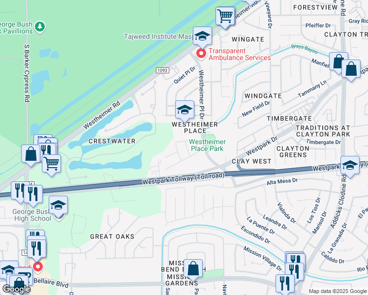 map of restaurants, bars, coffee shops, grocery stores, and more near 4227 Barrow Ridge Lane in Houston