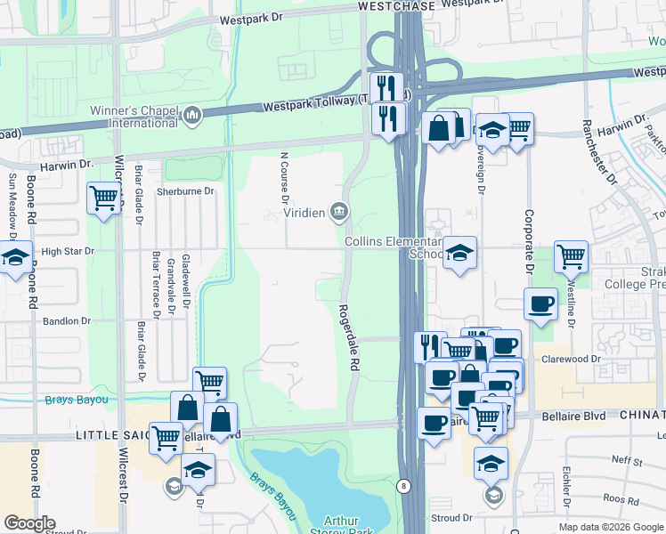 map of restaurants, bars, coffee shops, grocery stores, and more near 6002 Rogerdale Road in Houston