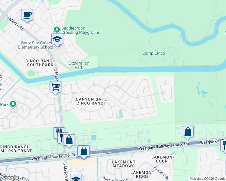 map of restaurants, bars, coffee shops, grocery stores, and more near 20210 Black Canyon Drive in Katy