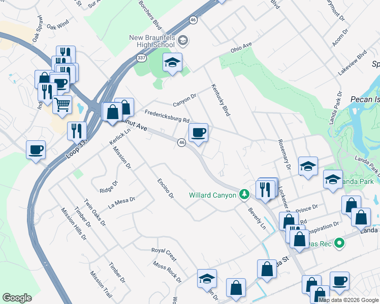 map of restaurants, bars, coffee shops, grocery stores, and more near 1203 North Walnut Avenue in New Braunfels
