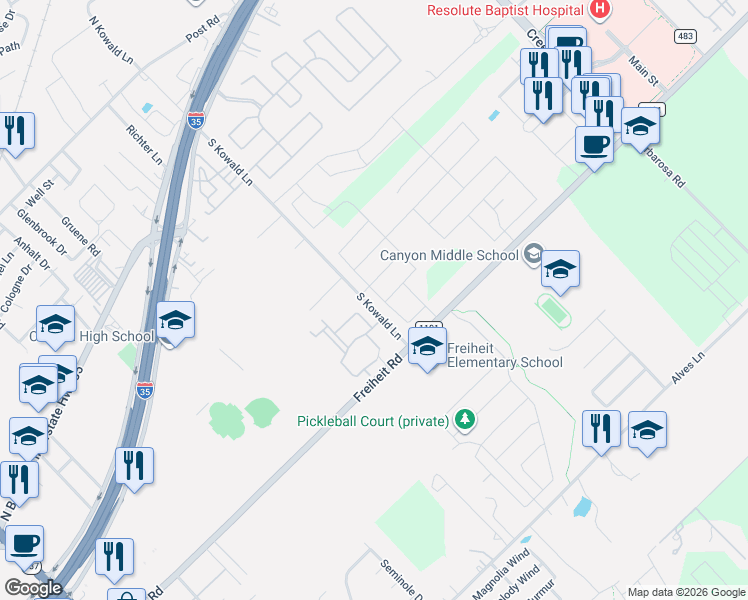 map of restaurants, bars, coffee shops, grocery stores, and more near 688 Valley Garden in New Braunfels