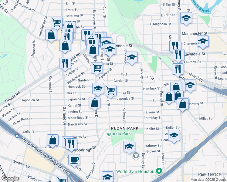 map of restaurants, bars, coffee shops, grocery stores, and more near 7317 Japonica Street in Houston