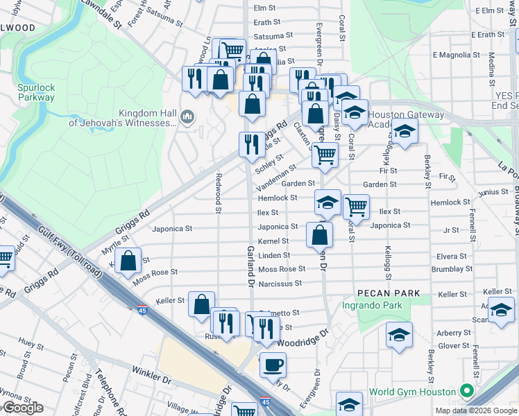 map of restaurants, bars, coffee shops, grocery stores, and more near 7030 Ilex Street in Houston