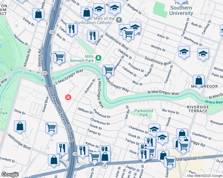 map of restaurants, bars, coffee shops, grocery stores, and more near 5808 Bayou Bend Court in Houston