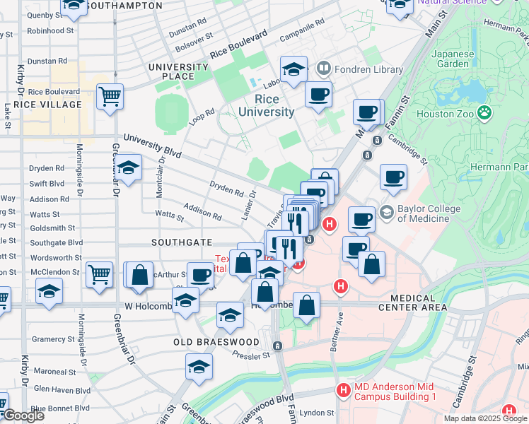 map of restaurants, bars, coffee shops, grocery stores, and more near 1929 Dryden Road in Houston