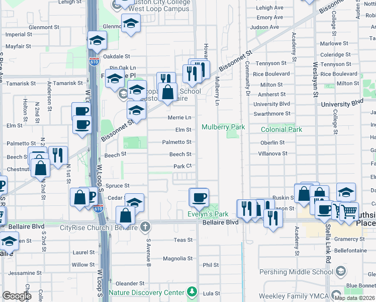 map of restaurants, bars, coffee shops, grocery stores, and more near 4509 Beech Street in Bellaire