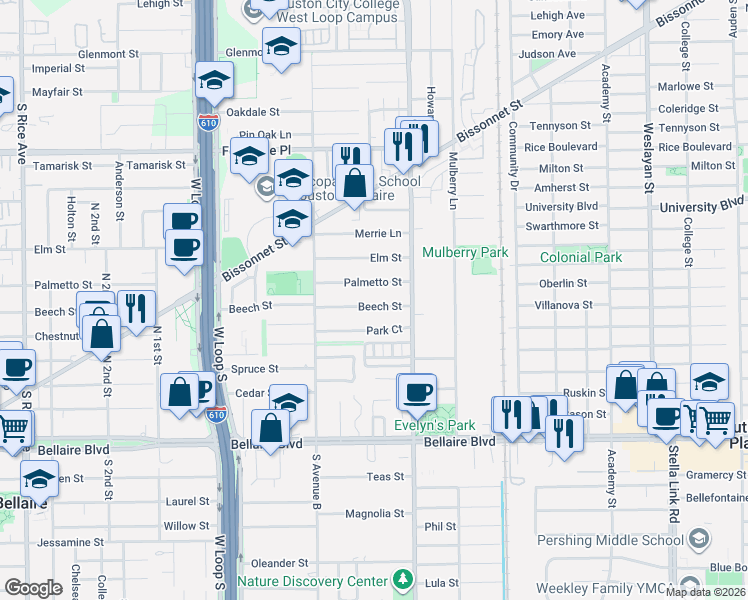 map of restaurants, bars, coffee shops, grocery stores, and more near 4509 Beech Street in Bellaire