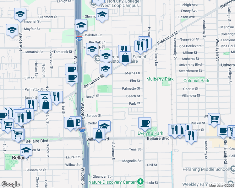 map of restaurants, bars, coffee shops, grocery stores, and more near 4539 Beech Street in Bellaire