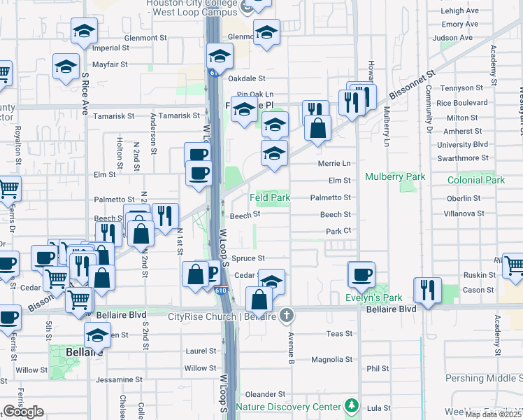 map of restaurants, bars, coffee shops, grocery stores, and more near 4614 Park Street in Bellaire