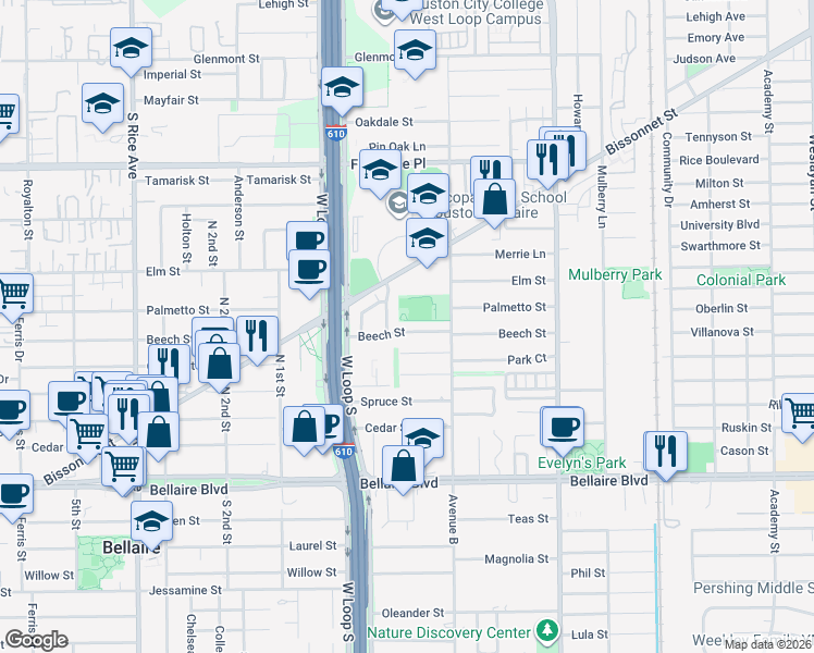 map of restaurants, bars, coffee shops, grocery stores, and more near 4614 Park Street in Bellaire