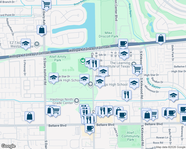 map of restaurants, bars, coffee shops, grocery stores, and more near in Houston