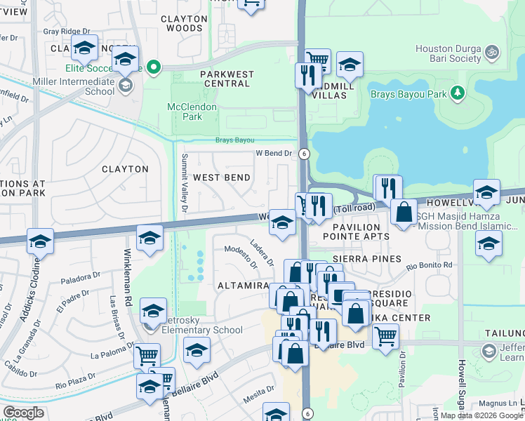 map of restaurants, bars, coffee shops, grocery stores, and more near 4138 Club Valley Drive in Houston