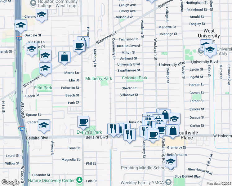 map of restaurants, bars, coffee shops, grocery stores, and more near 4229 Villanova Street in West University Place