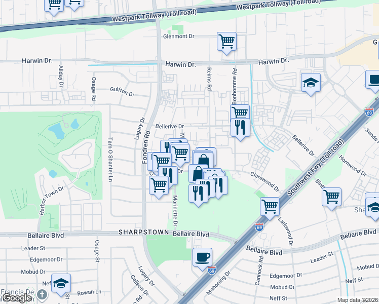map of restaurants, bars, coffee shops, grocery stores, and more near 7520 Hornwood Drive in Houston
