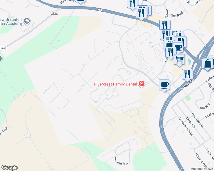 map of restaurants, bars, coffee shops, grocery stores, and more near Hunters Ridge in New Braunfels