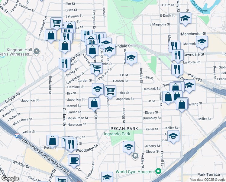 map of restaurants, bars, coffee shops, grocery stores, and more near 7317 Japonica Street in Houston