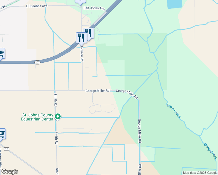 map of restaurants, bars, coffee shops, grocery stores, and more near 725 George Miller Road in Hastings