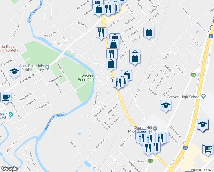 map of restaurants, bars, coffee shops, grocery stores, and more near 648 Summerwood Drive in New Braunfels
