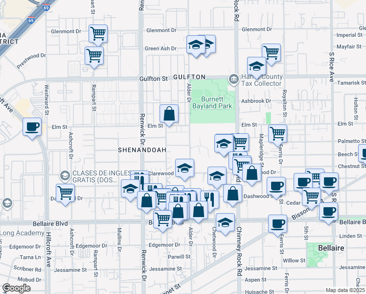 map of restaurants, bars, coffee shops, grocery stores, and more near 6414 Alder Drive in Houston