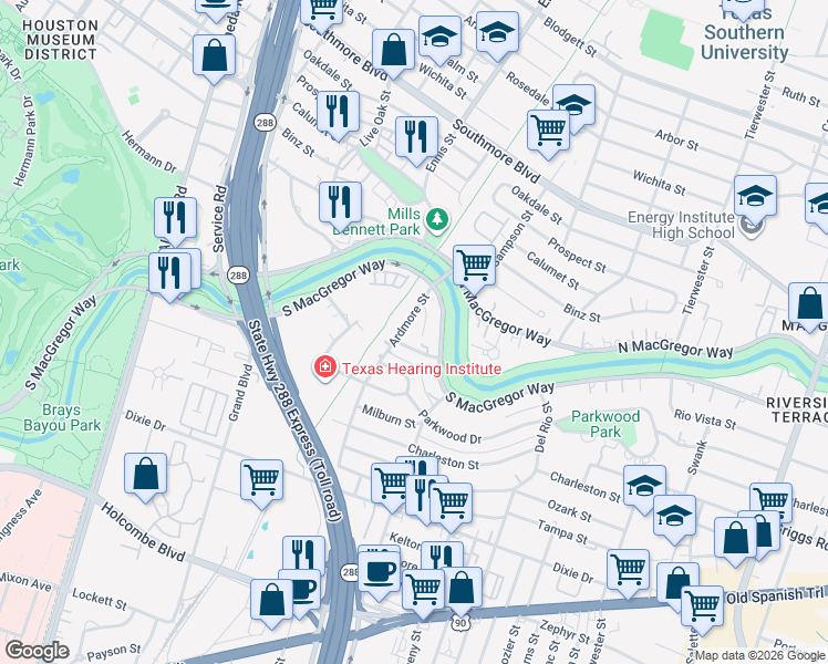 map of restaurants, bars, coffee shops, grocery stores, and more near 3138 South Macgregor Way in Houston