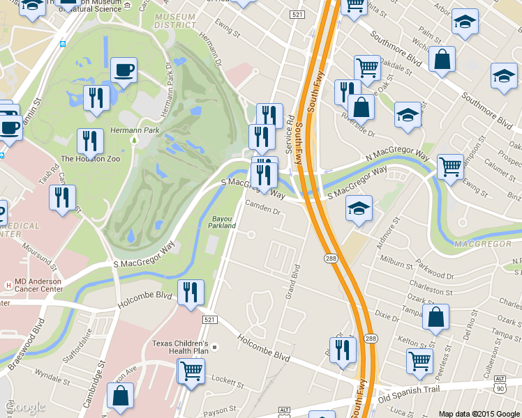 map of restaurants, bars, coffee shops, grocery stores, and more near 2314 Camden Drive in Houston