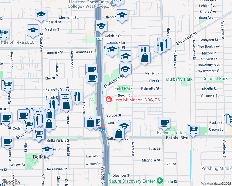 map of restaurants, bars, coffee shops, grocery stores, and more near 4629 Beech Street in Bellaire