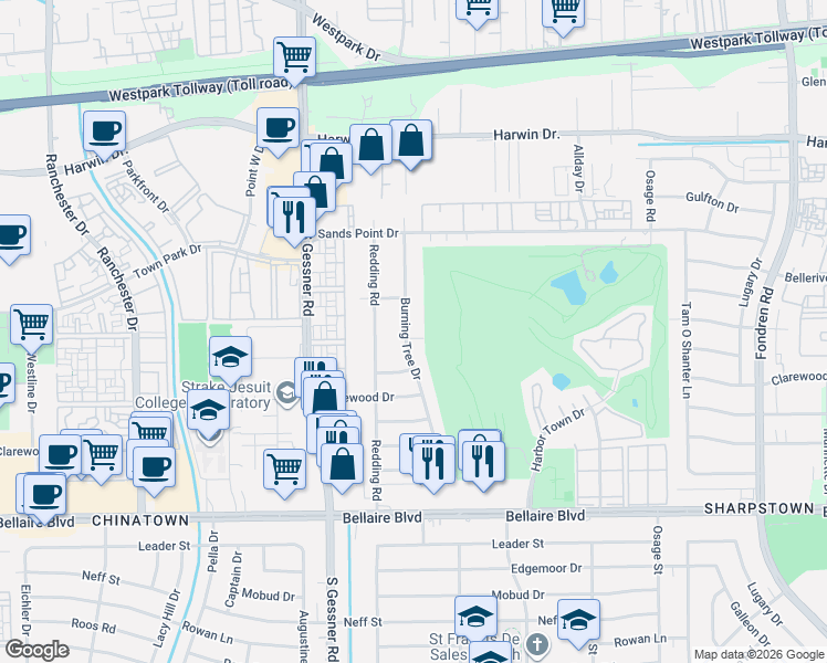 map of restaurants, bars, coffee shops, grocery stores, and more near 6510 Burning Tree Drive in Houston
