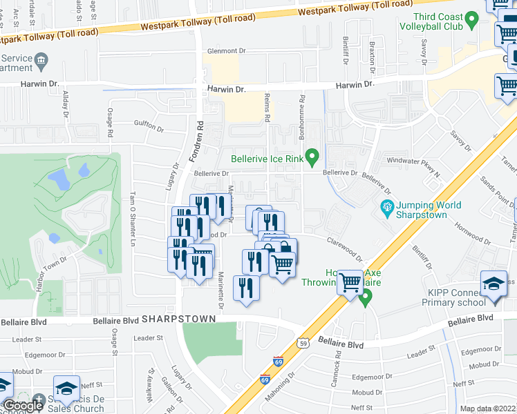 map of restaurants, bars, coffee shops, grocery stores, and more near 7500 Clarewood Drive in Houston