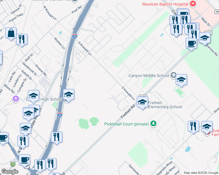 map of restaurants, bars, coffee shops, grocery stores, and more near 510 South Kowald Lane in New Braunfels