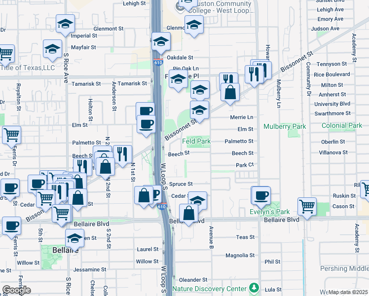 map of restaurants, bars, coffee shops, grocery stores, and more near 4629 Beech Street in Bellaire