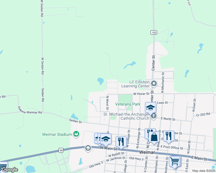 map of restaurants, bars, coffee shops, grocery stores, and more near 404 West Huvar Street in Weimar