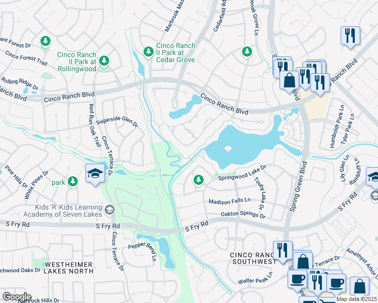 map of restaurants, bars, coffee shops, grocery stores, and more near 10119 Winding Glen Drive in Katy