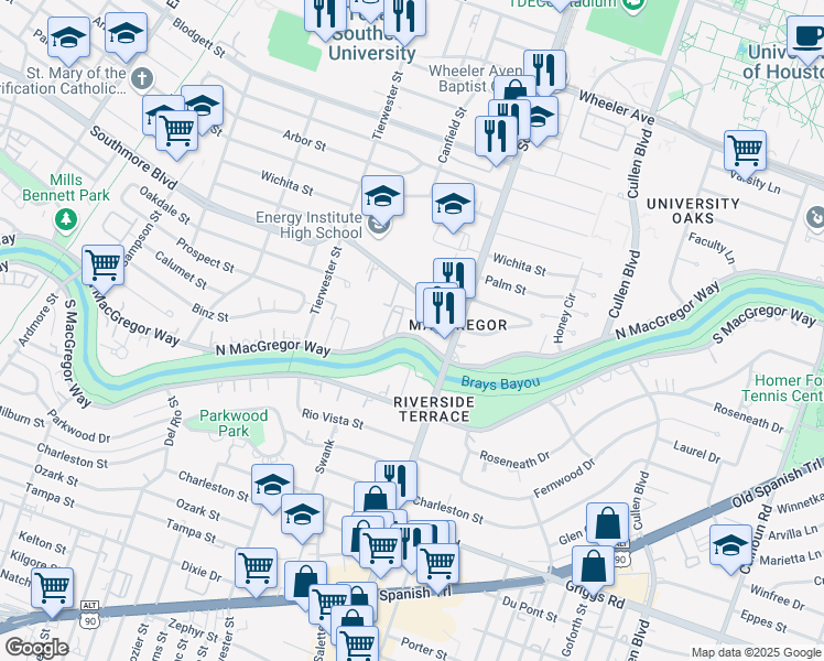 map of restaurants, bars, coffee shops, grocery stores, and more near 3629 North MacGregor Way in Houston