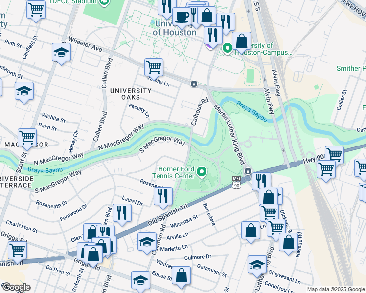 map of restaurants, bars, coffee shops, grocery stores, and more near 4460 South Macgregor Way in Houston