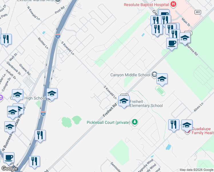 map of restaurants, bars, coffee shops, grocery stores, and more near 1909 Cool Breeze in New Braunfels