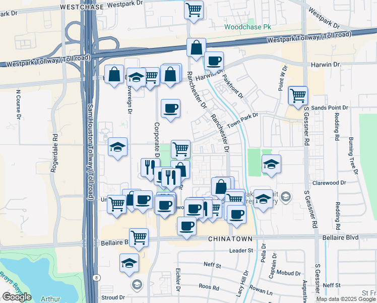 map of restaurants, bars, coffee shops, grocery stores, and more near 9404-9420 Town Park Drive in Houston
