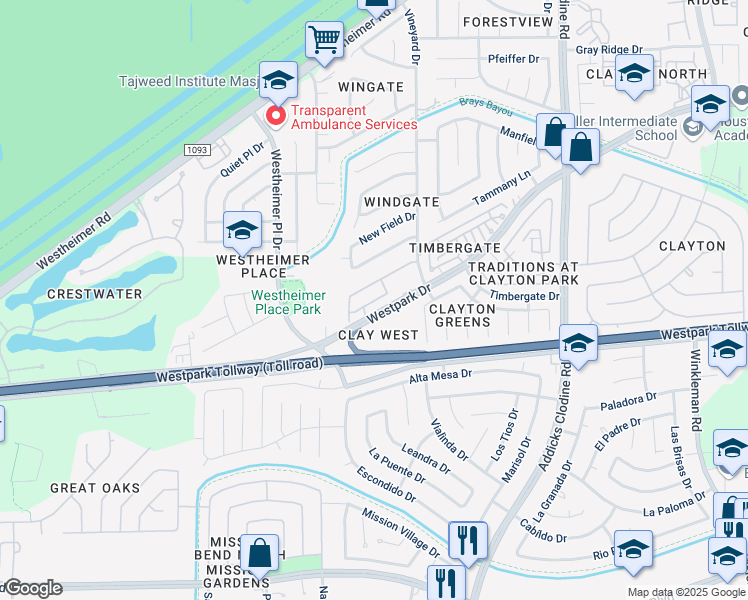 map of restaurants, bars, coffee shops, grocery stores, and more near 16170 Westpark Drive in Houston