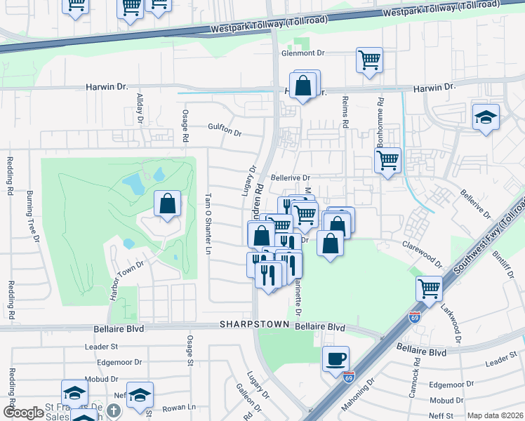 map of restaurants, bars, coffee shops, grocery stores, and more near 6207 Lugary Drive in Houston