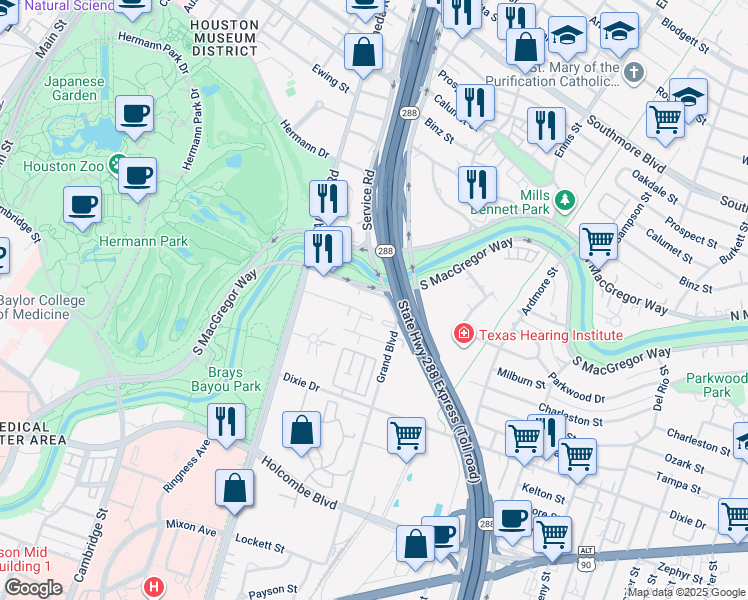 map of restaurants, bars, coffee shops, grocery stores, and more near 2380 South Macgregor Way in Houston