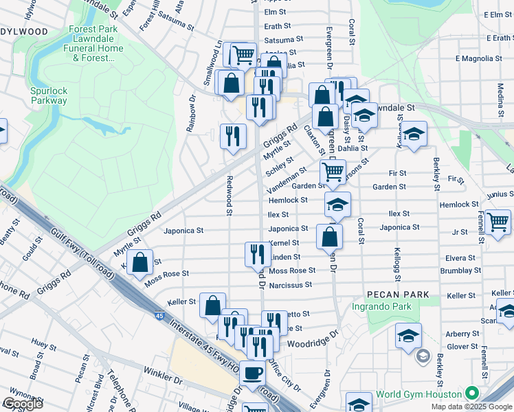 map of restaurants, bars, coffee shops, grocery stores, and more near 6937 Hemlock Street in Houston