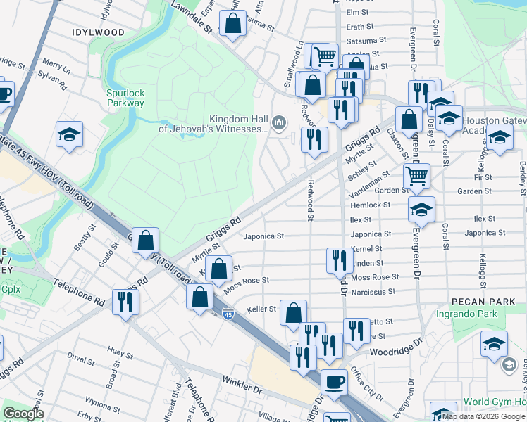 map of restaurants, bars, coffee shops, grocery stores, and more near 6701 Griggs Road in Houston