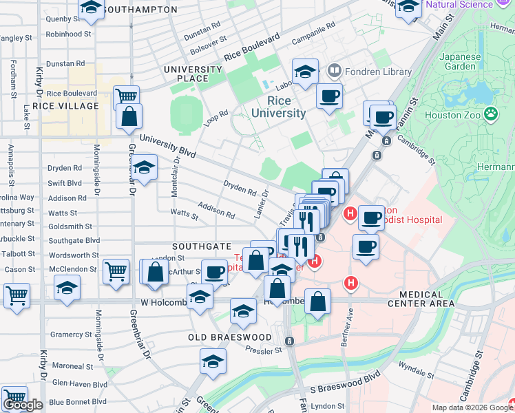 map of restaurants, bars, coffee shops, grocery stores, and more near 6500-6598 Lanier Drive in Houston