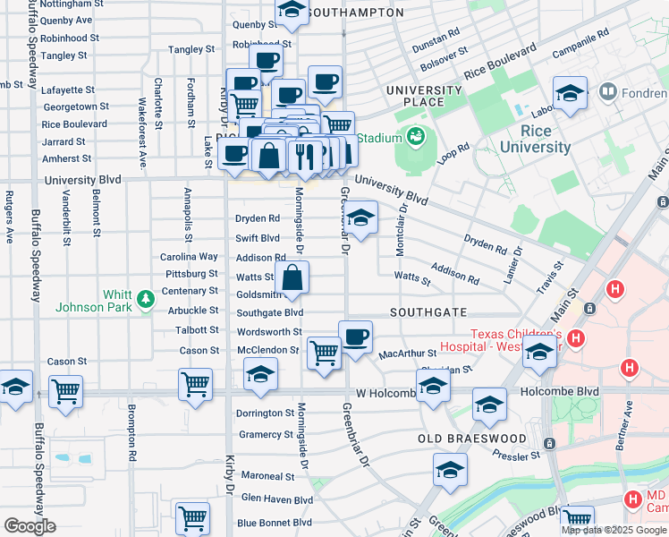 map of restaurants, bars, coffee shops, grocery stores, and more near 2320 Addison Road in Houston
