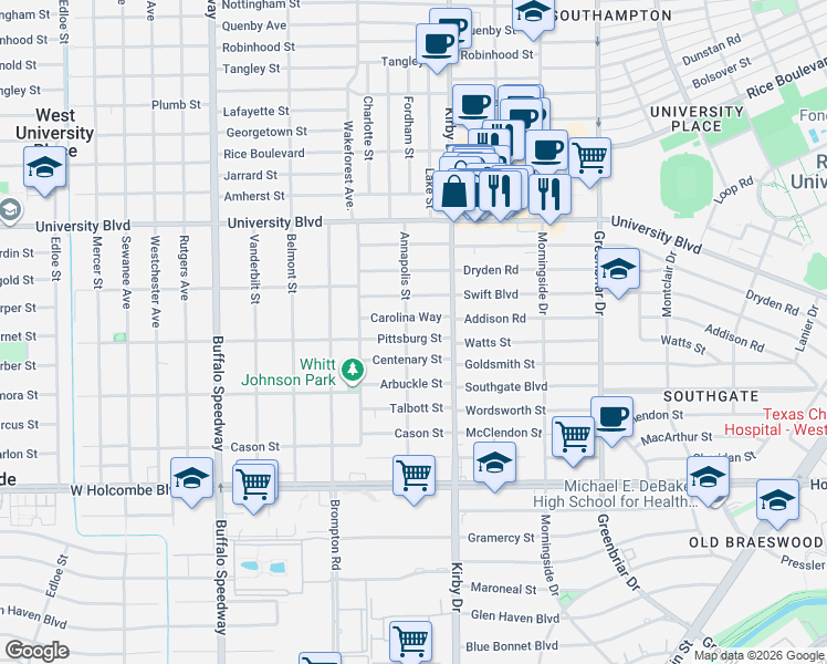 map of restaurants, bars, coffee shops, grocery stores, and more near 2632 Carolina Way in Houston