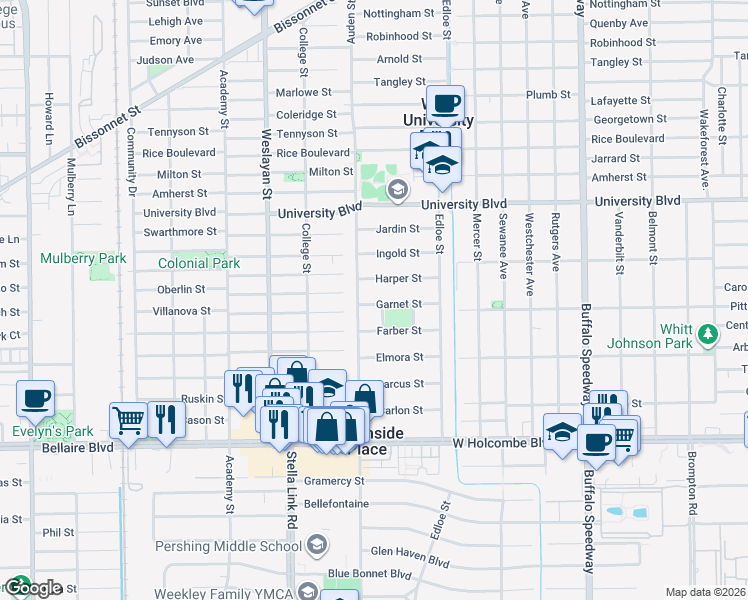 map of restaurants, bars, coffee shops, grocery stores, and more near 3751 Harper Street in Houston