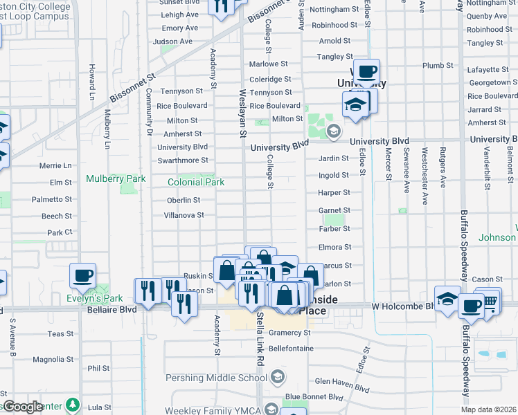 map of restaurants, bars, coffee shops, grocery stores, and more near 3921 Byron Street in Houston