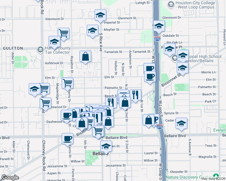 map of restaurants, bars, coffee shops, grocery stores, and more near 4914 Palmetto Street in Bellaire