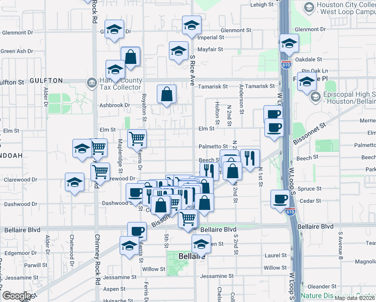 map of restaurants, bars, coffee shops, grocery stores, and more near 5108 Palmetto Street in Bellaire