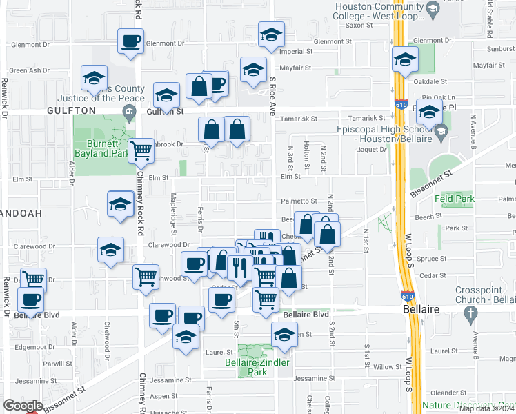 map of restaurants, bars, coffee shops, grocery stores, and more near 5108 Palmetto Street in Bellaire